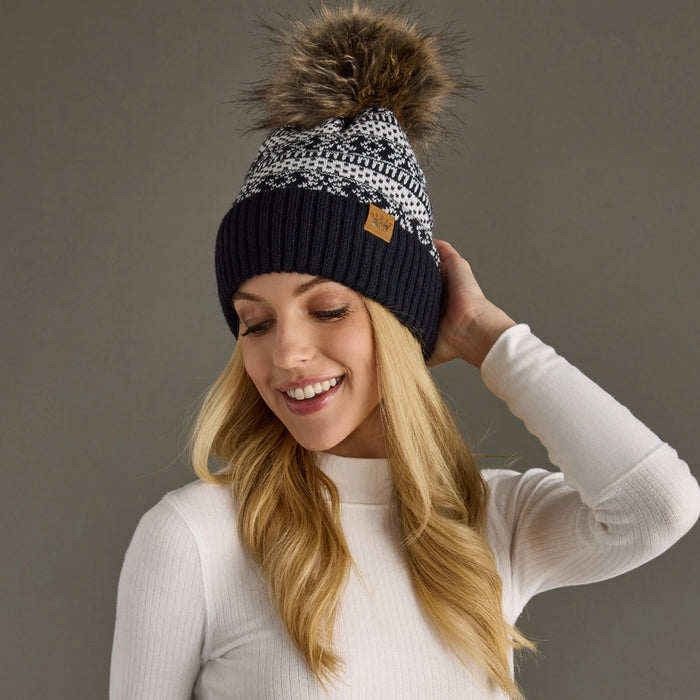 Dk. Navy + White Patterned Pom Beanie