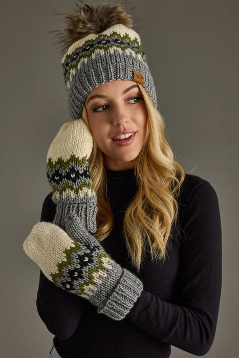 Cream, Green, Black + Gray Patterned Pom Beanie