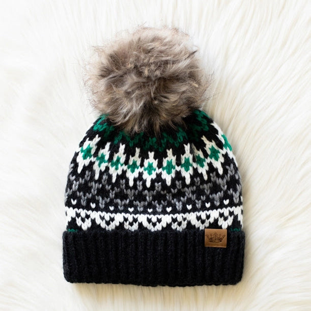 Dk. Gray, White + Green Patterned Pom Beanie
