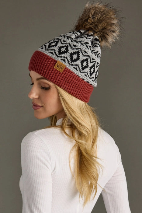 Gray, Black + Rust Patterned Pom Beanie