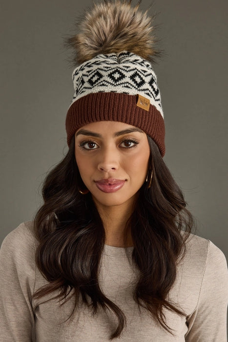 Ivory, Black + Brown Pattern Pom Beanie