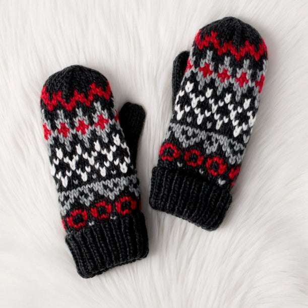 Dk. Gray, Red + White Pattern Mittens