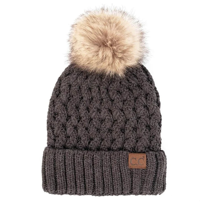 Lattice Crossover Pom Beanie - Lined