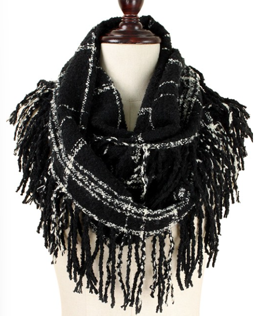 Black Two-Toned Fringed Infinity Scarf