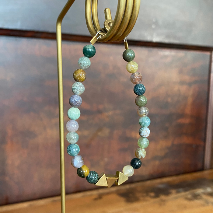 Duluth Bracelet | Semi-Precious Stone Beads Brass Triangles: Ocean Jasper