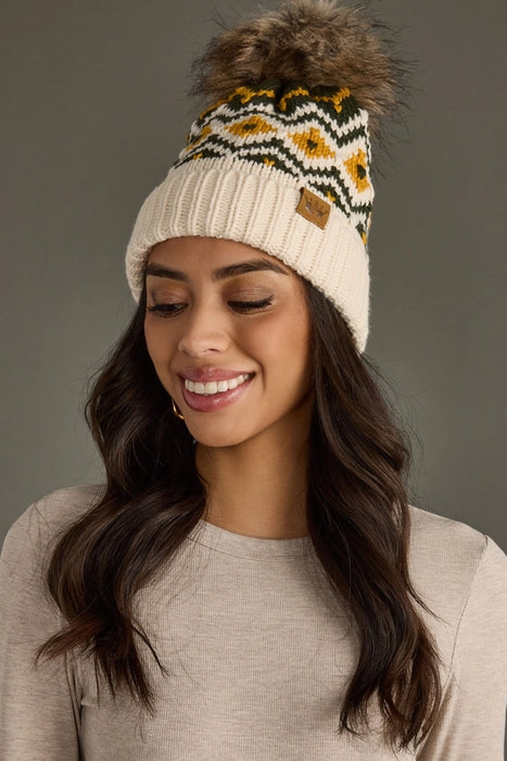 Cream, Olive + Mustard Patterned Pom Beanie