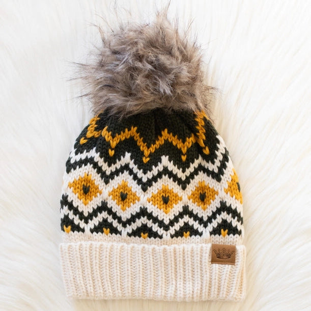 Cream, Olive + Mustard Patterned Pom Beanie