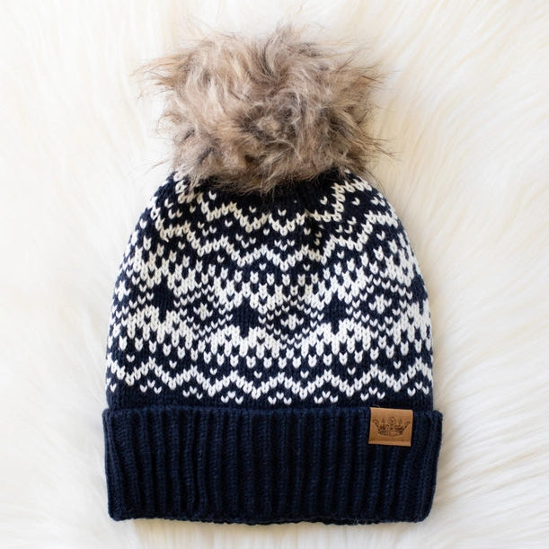 Dk. Navy + White Patterned Pom Beanie