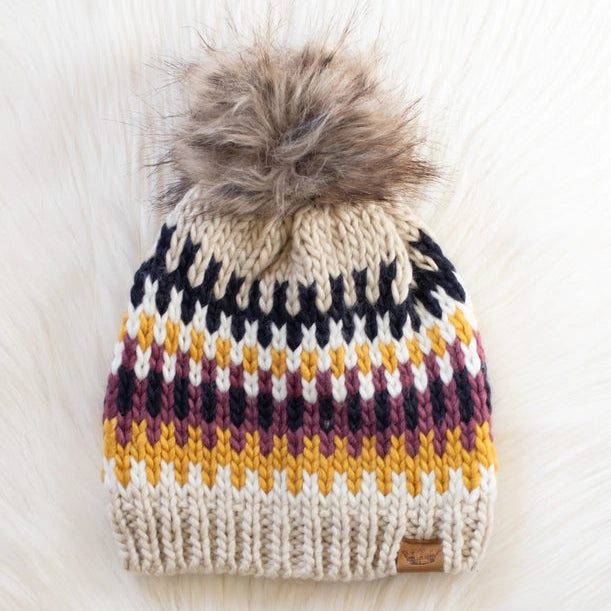 Beige, Navy + Mustard Patterned Pom Beanie