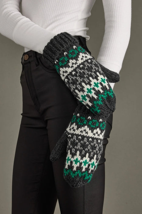 Dk. Gray, Green + White Pattern Mittens
