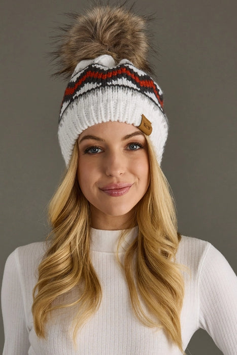 White, Red + Gray Patterned Pom Beanie