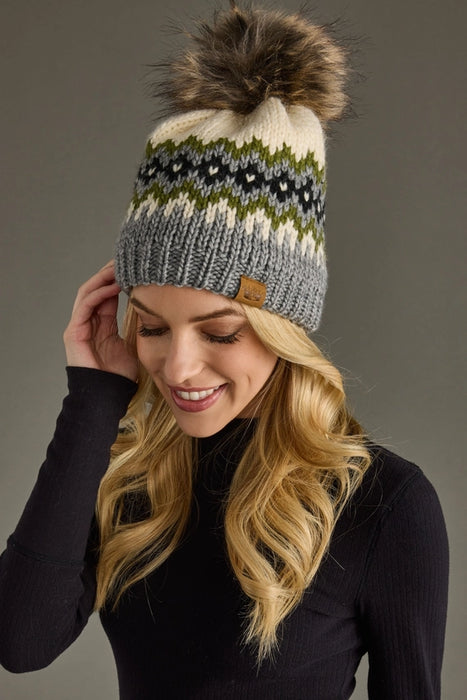Cream, Green, Black + Gray Patterned Pom Beanie