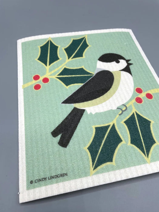 Holly Chickadee Swedish Dishcloth