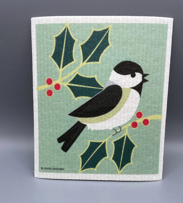 Holly Chickadee Swedish Dishcloth