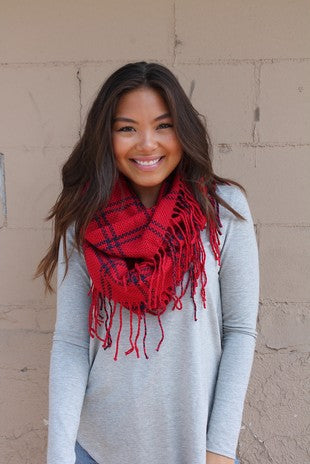 Black and Red Fringed Infinity Scarf