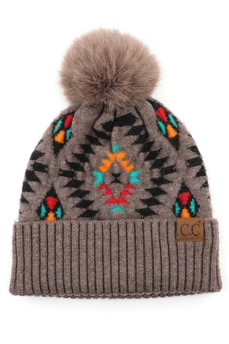 C.C Soft Aztec Pattern Beanie with Faux Fur Pom