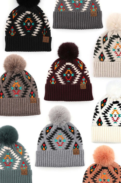 C.C Soft Aztec Pattern Beanie with Faux Fur Pom