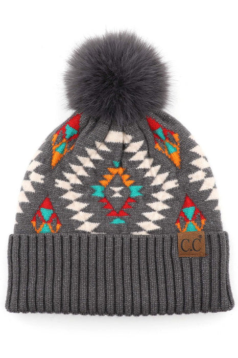 C.C Soft Aztec Pattern Beanie with Faux Fur Pom