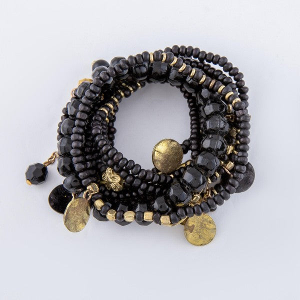 Black Wooden and Gold Stretch Bracelet Set