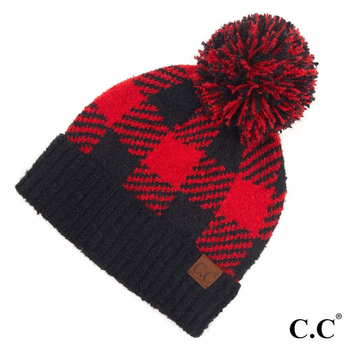 CC Buffalo Plaid Knit Pom Beanie