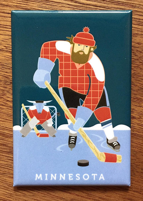 Paul Bunyan and Babe Playing Hockey Magnet